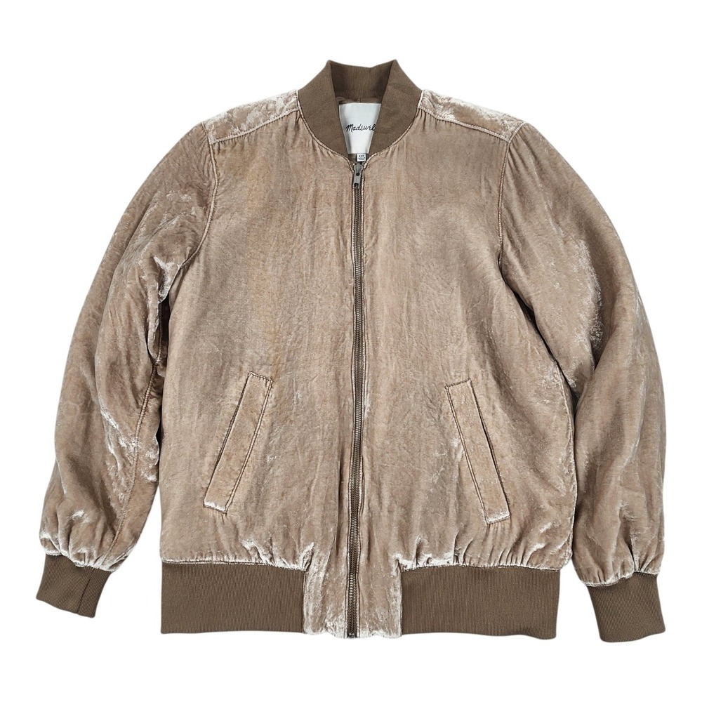Madewell Velvet Velour Bomber Jacket XXS Tan Silk Blend Soft Luxe Athleisure